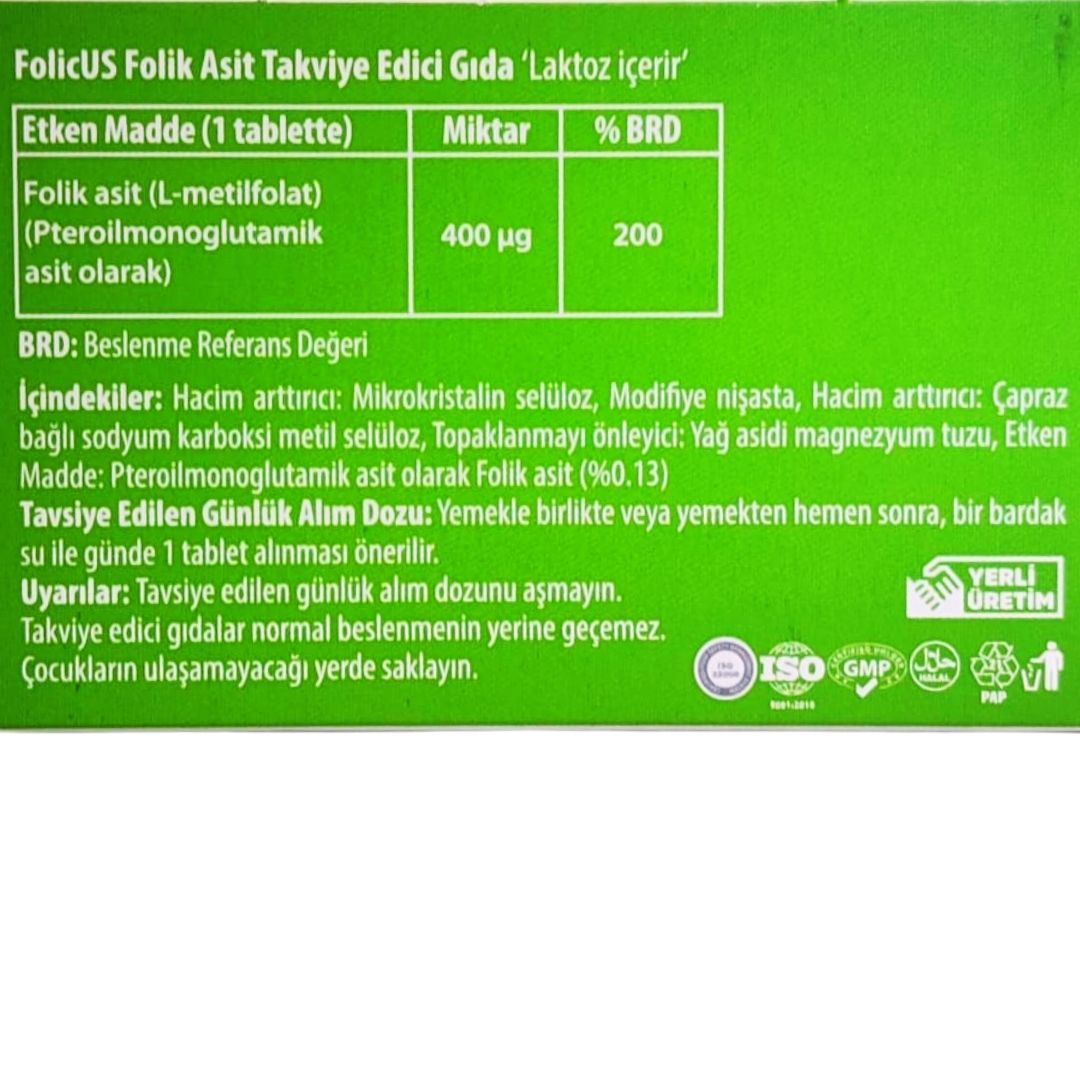 Aktif Folic Us Folik Asit Takviye Edici Gıda 90 Tablet