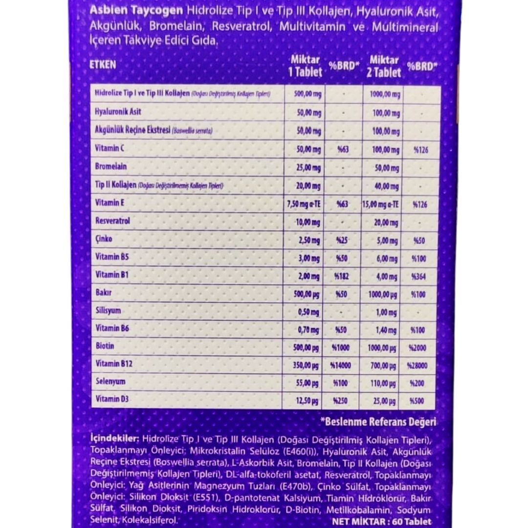 Asbien Taycogen Collagen,Resveratrol,Hyaluronic Acid ve Vitaminler İçeren Gıda Takviyesi 60 tablet