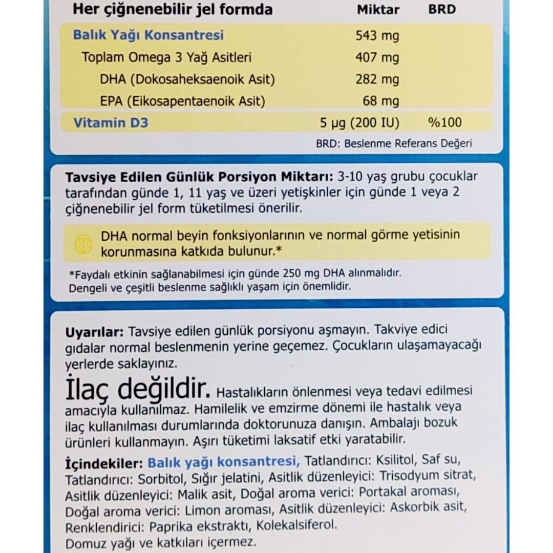 Easy Fish Oil Portakal ve Limon Aromalı Balık Yağı ve D Vitamini 30 Çiğnenebilir Form