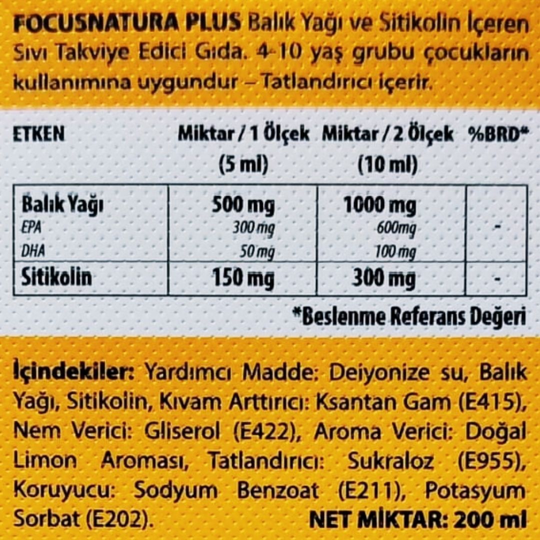 Focus Natura Plus Sitikolin+Balıkyağı Takviye Edici Gıda 200ml