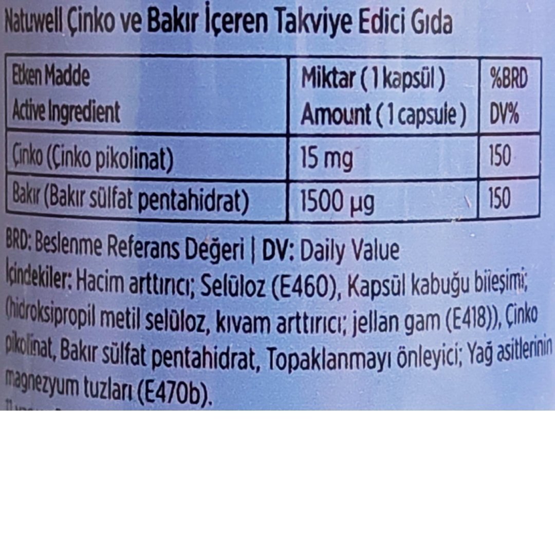 Natuwell Çinko - Bakır Takviye Edici Gıda 60 Kapsül