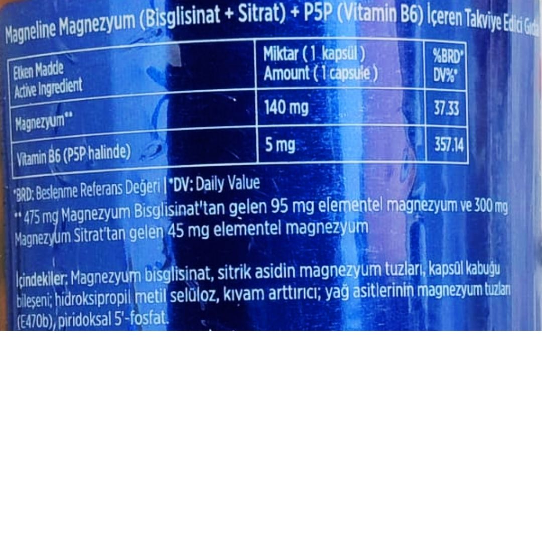 Natuwell Magneline Magnezyum Bisglisinat Magnezyum Sitrat P5p Vitamin B6 - 60 Kapsül