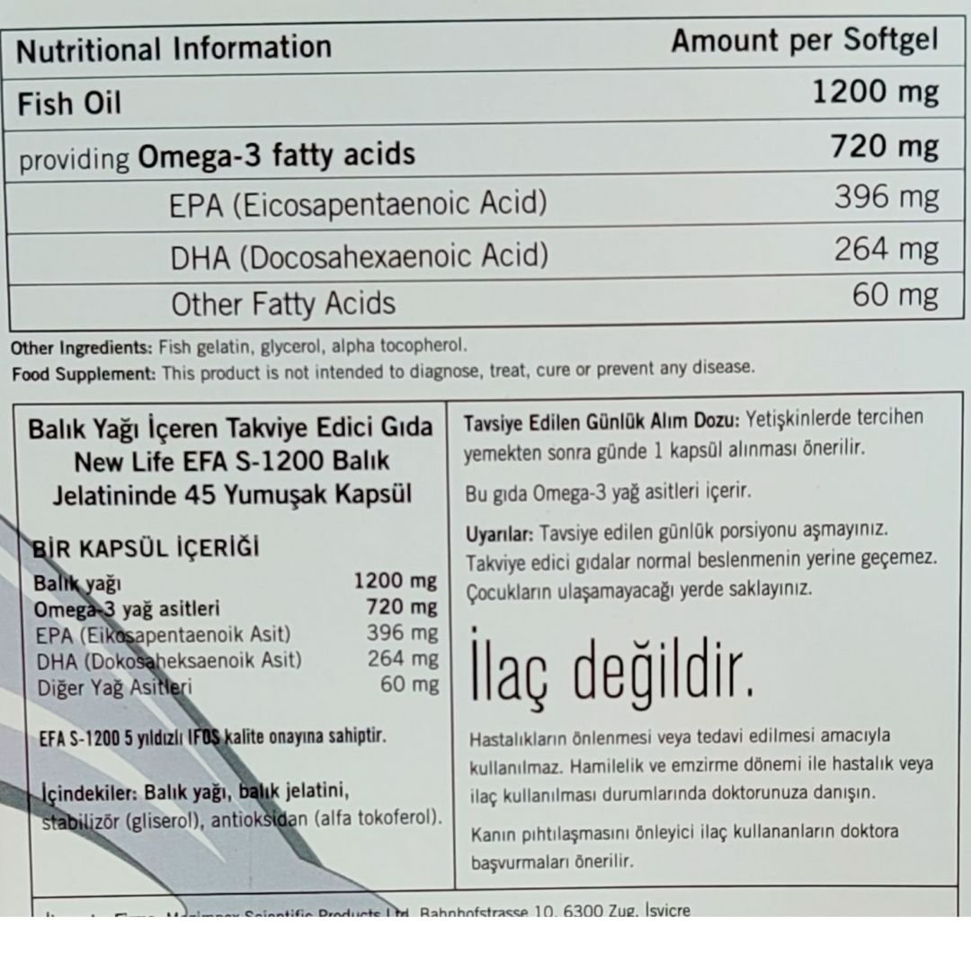 New Life EFA S-1200 Omega 3 Takviye Edici Gıda 45 Kapsül