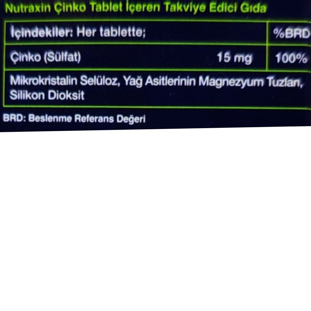 Nutraxin Zinc 15 mg Çinko Sülfat 100 Tablet