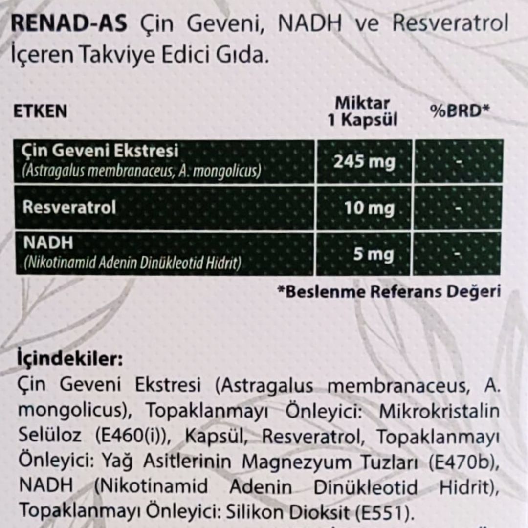Renad-As , Astragalus (Çin Geveni ) , Nadh ,resveratrol Içeren 30 Kapsül Renadas