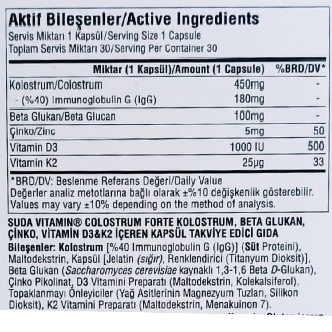 Suda Vitamin Colostrum Forte 30 Kapsül