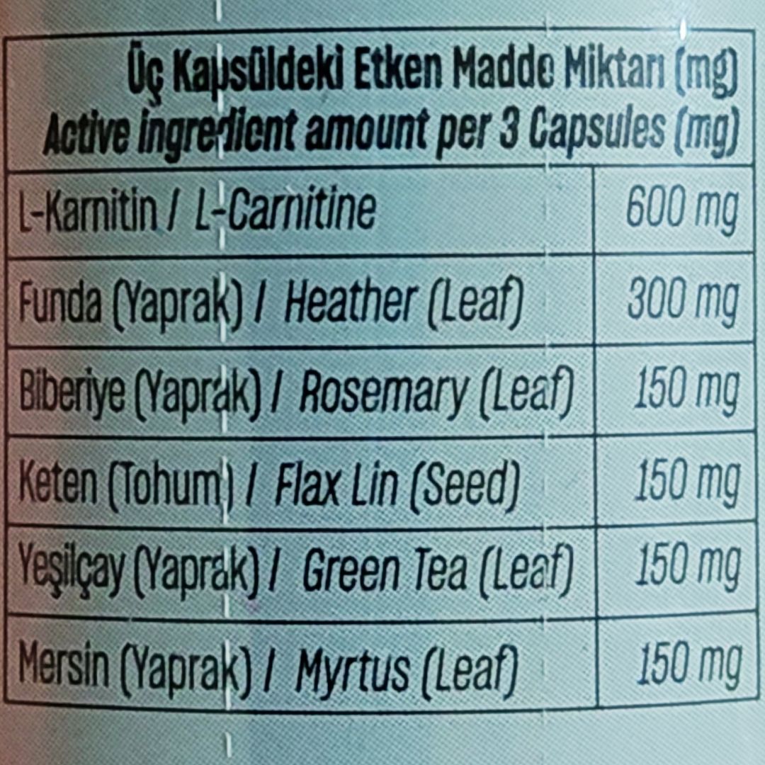 Talya L-Karnitin, Funda, Biberiye, Keten, Yeşilçay, Mersin Yaprak ve Tohumları İçeren Takviye Edici Gıda 60 Kapsül