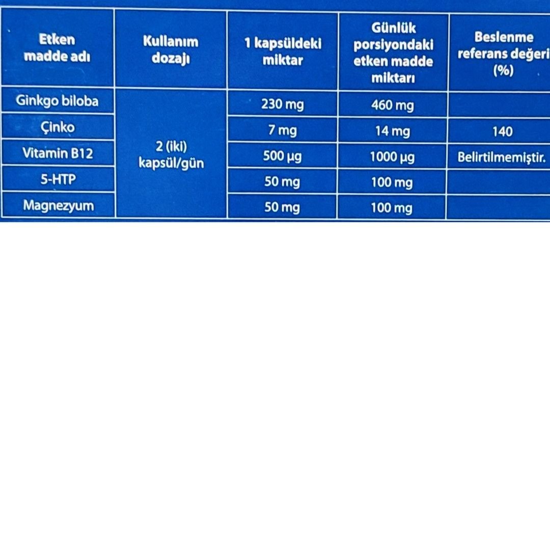 Tintus Formula Ginkgo Biloba Ekstraktı, Çinko, Vitamin B12, 5-HTP ve Magnezyum İçeren Kapsül Takviye Edici Gıda