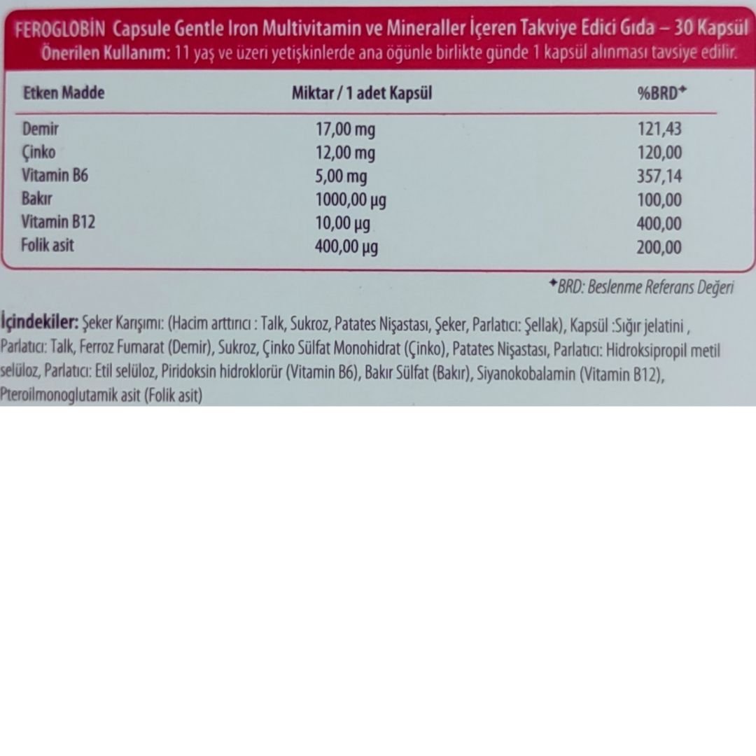 Vitabiotics Feroglobin Iron Takviye Edici Gıda 30 Kapsül