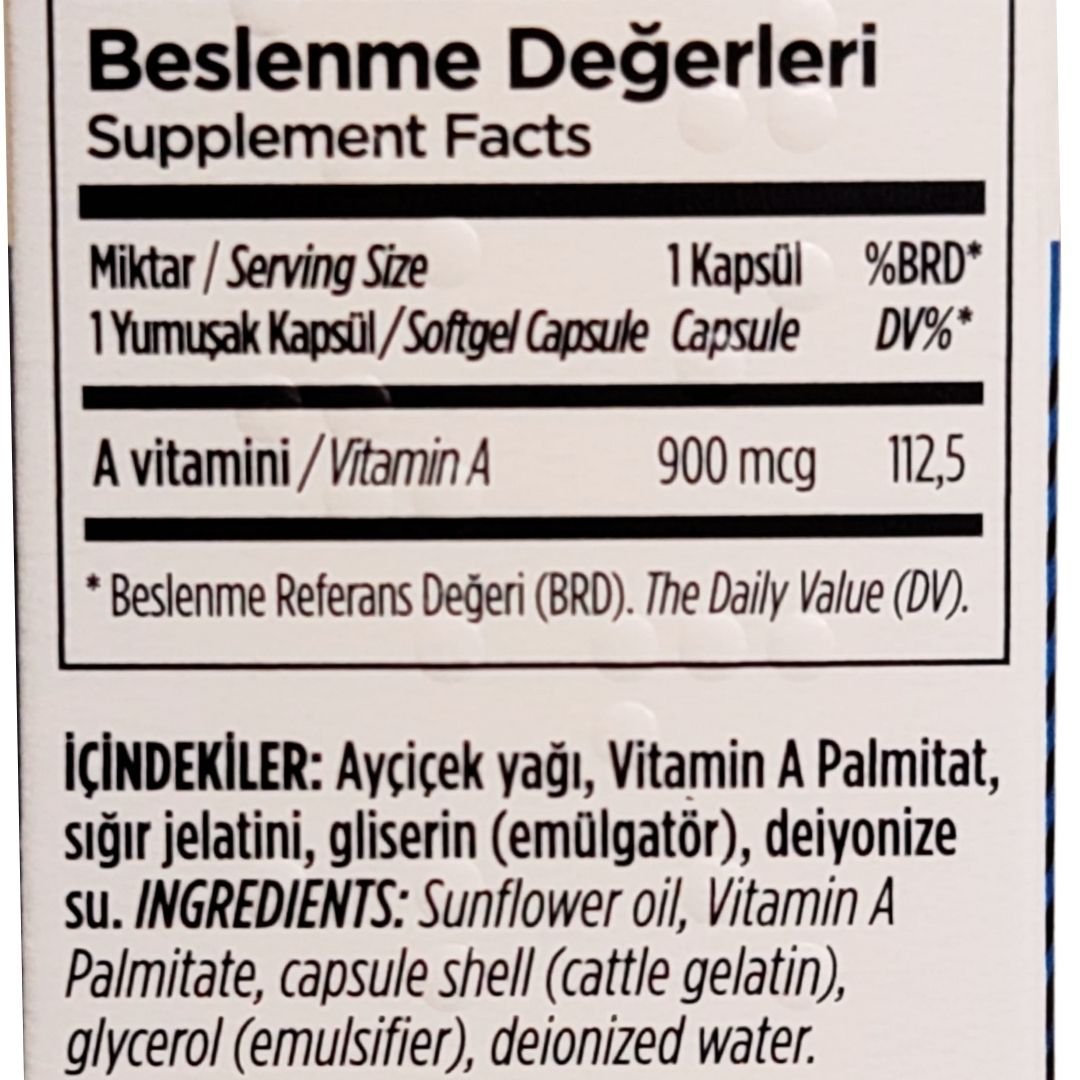 Zade Vital A Vitamini 900mcg 3000 I.U 30 Yumuşak Kapsül