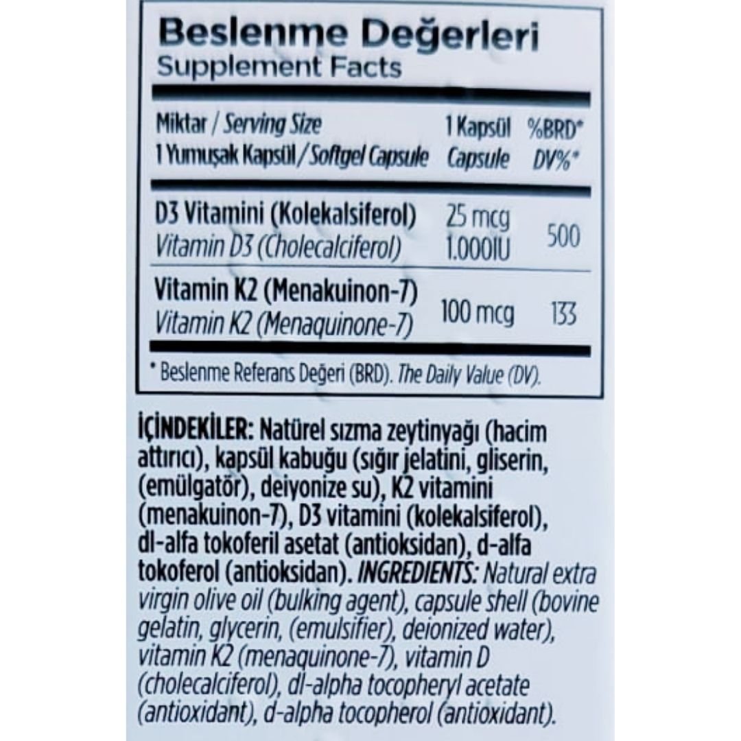 Zade Vital D3 + K2 Vitamini İçeren Takviye Edici Gıda 30 Yumuşak Kapsül