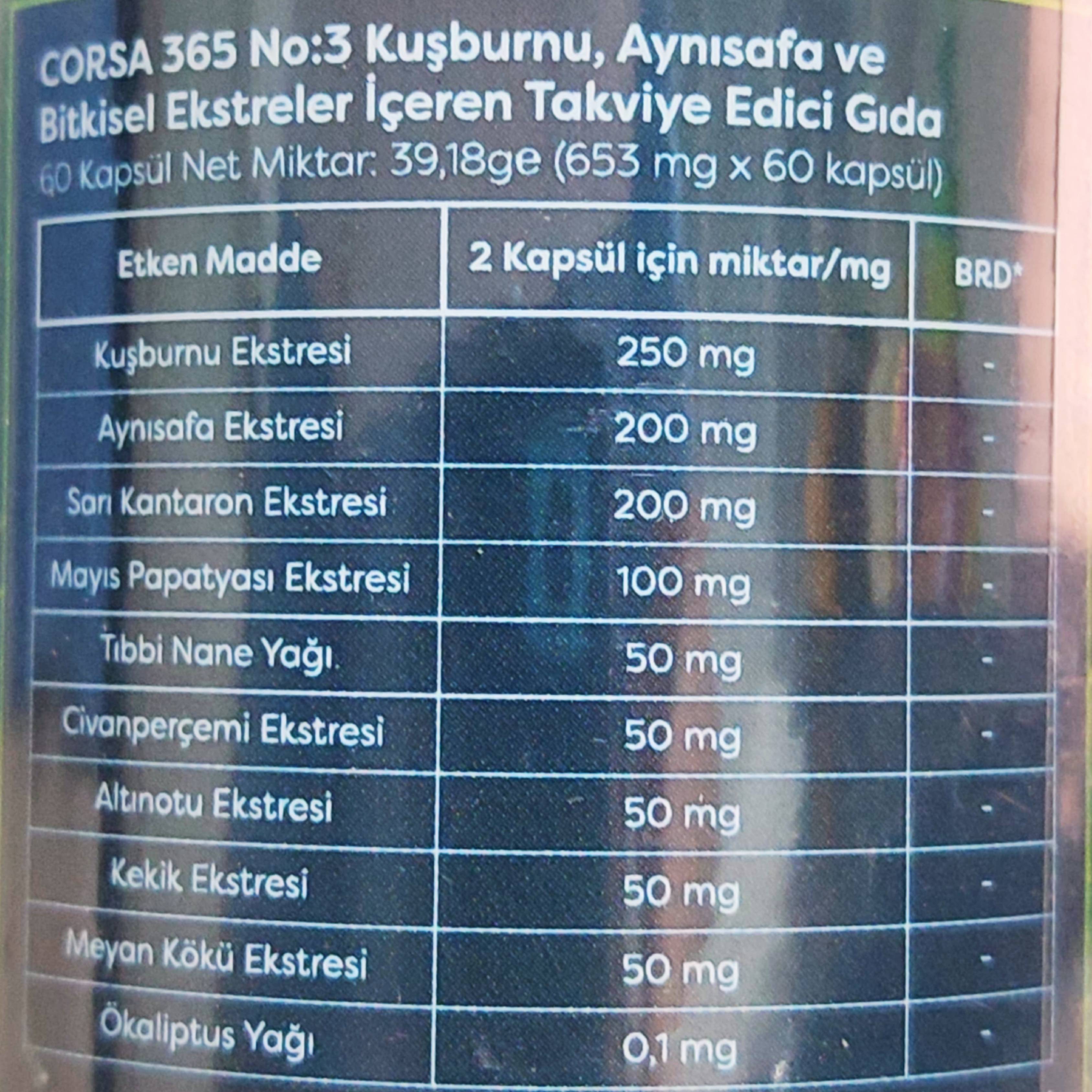 CORSA 365 No:3 Kuşburnu,Aynısafa ve Bitkisel Ekstreler içeren 60 Kapsül Takviye Edici Gıda