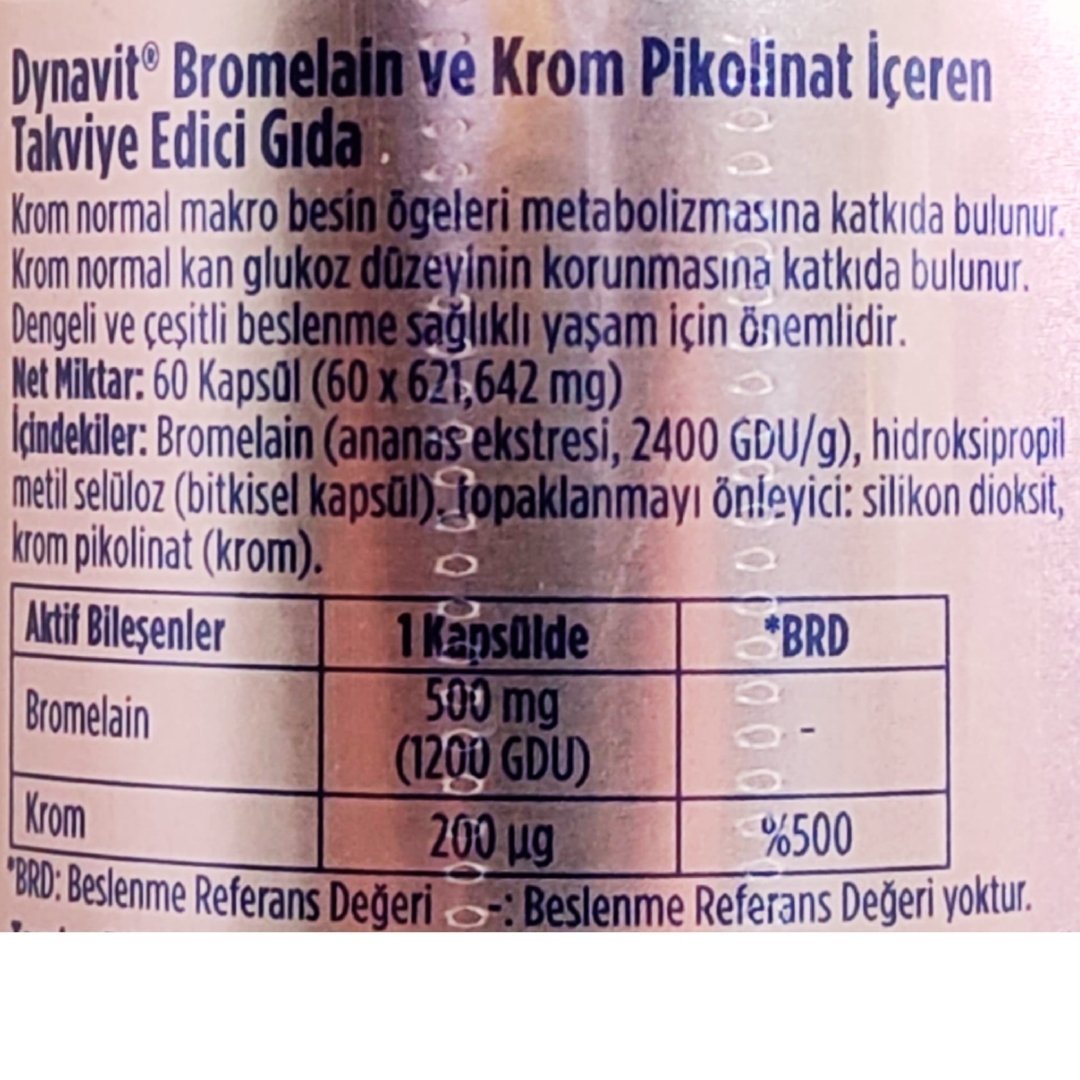Dynavit Bromelain ve Krom Pikolinat İçeren Takviye Edici Gıda 60 Kapsül