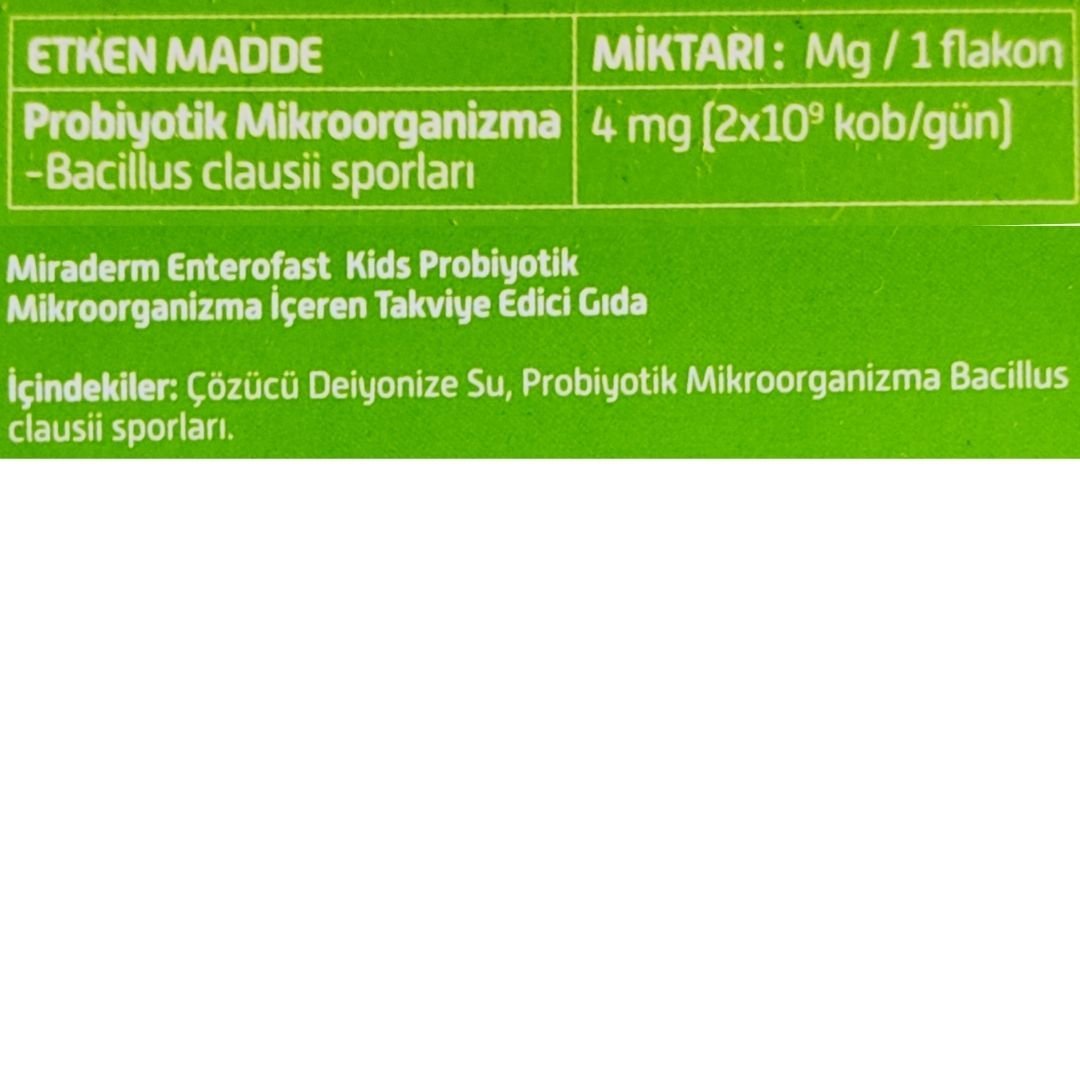 Miraderm Enterofast Kids Probiotic Takviye Edici Gıda 20 Flakon