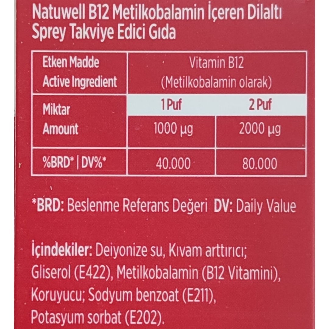 Natuwell B12 Metilkobalamin 1000 Ug İçeren Dilaltı Sprey Takviye Edici Gıda 20 ml - 133 Puf