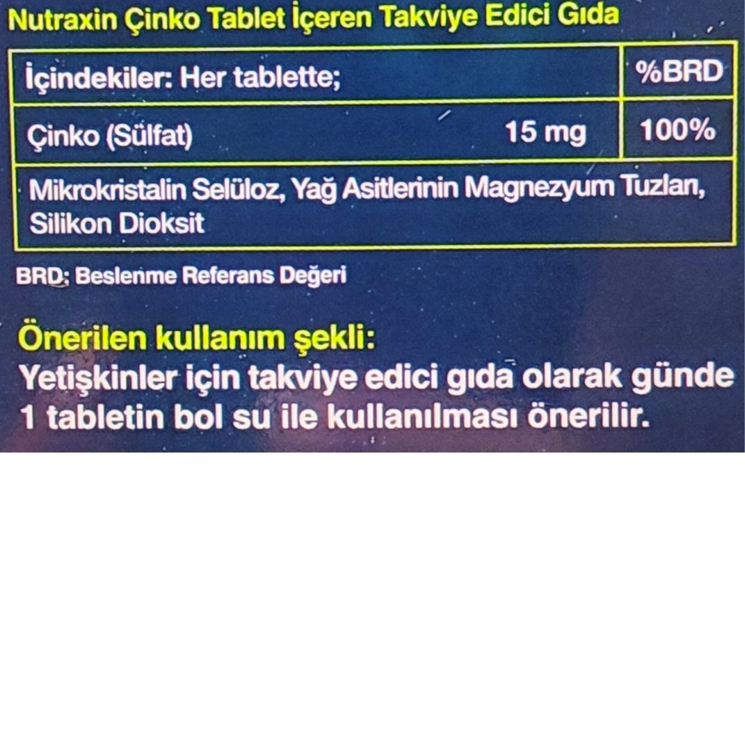 Nutraxin Zinc 15 mg Çinko Sülfat 100 Tablet