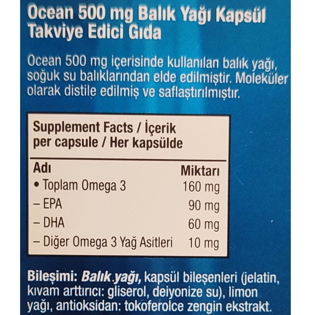 Ocean Omega 3 Balık Yağı 500 mg 60 Kapsül