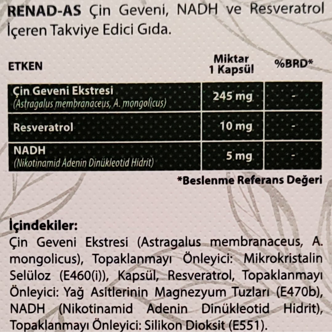 Renad-As , Astragalus (Çin Geveni ) , Nadh ,resveratrol Içeren 30 Kapsül Renadas