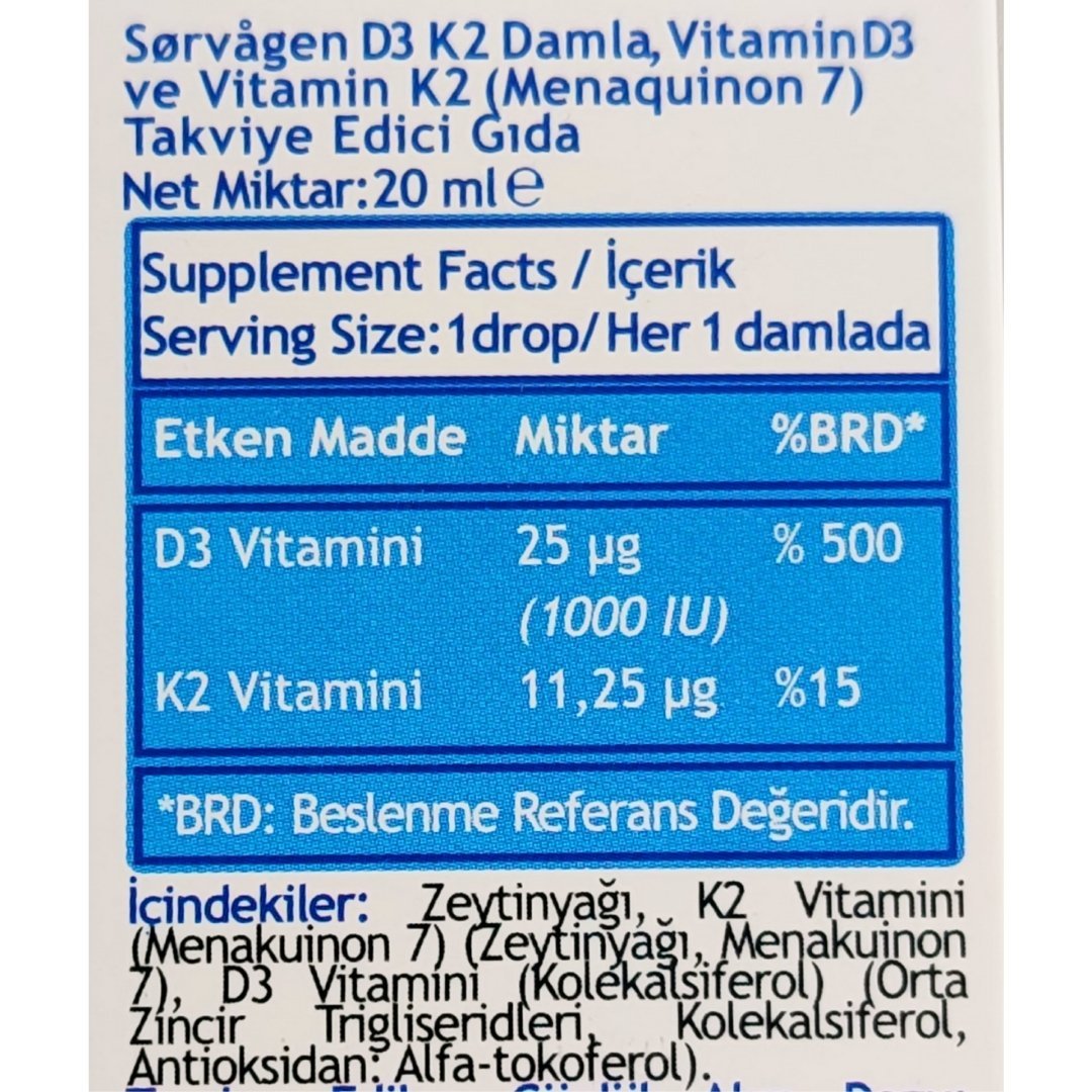Sorvagen D3K2 Damla 1000 IU 20 ml 450 Damla