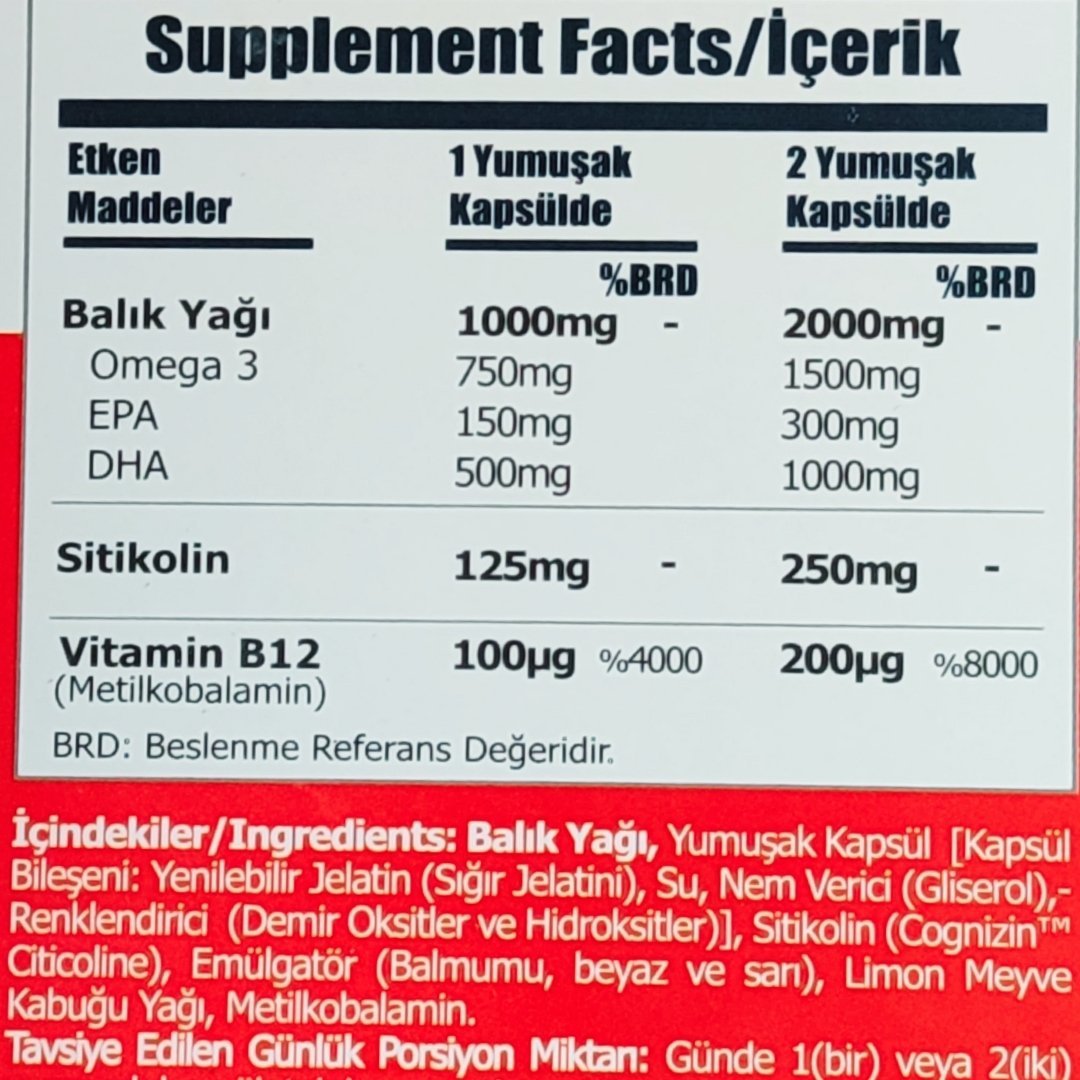 Sorvagen Smart Sitikolin DHA Omega 3 ve B12 30 Kapsül